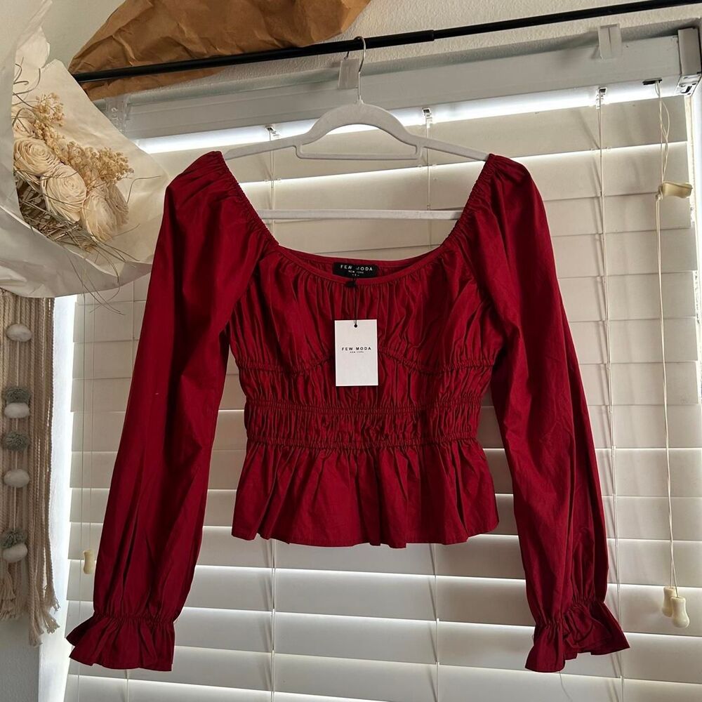 Few Moda Red Ruched Milk Maid Peplum Blouse Size S NWT